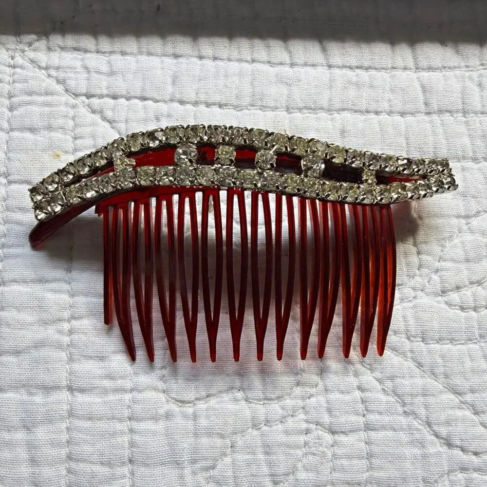 Vntg Women’s brown Tortoise Shell Curved Hair Comb with Silver Rhinestone Accent